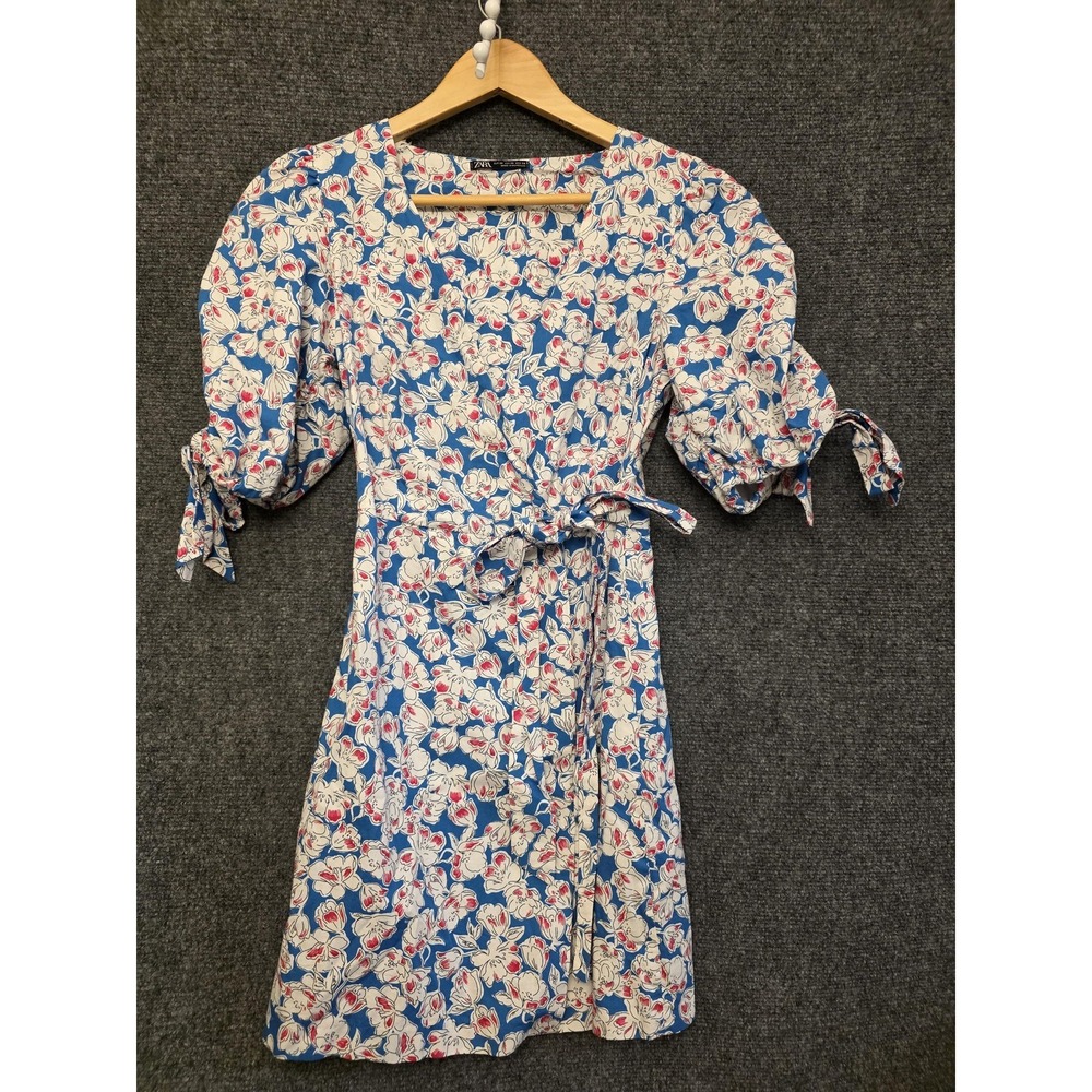 Zara Dress Womens XS Blue Floral Puff Sleeve Belted Mini A Line Scoop Neck